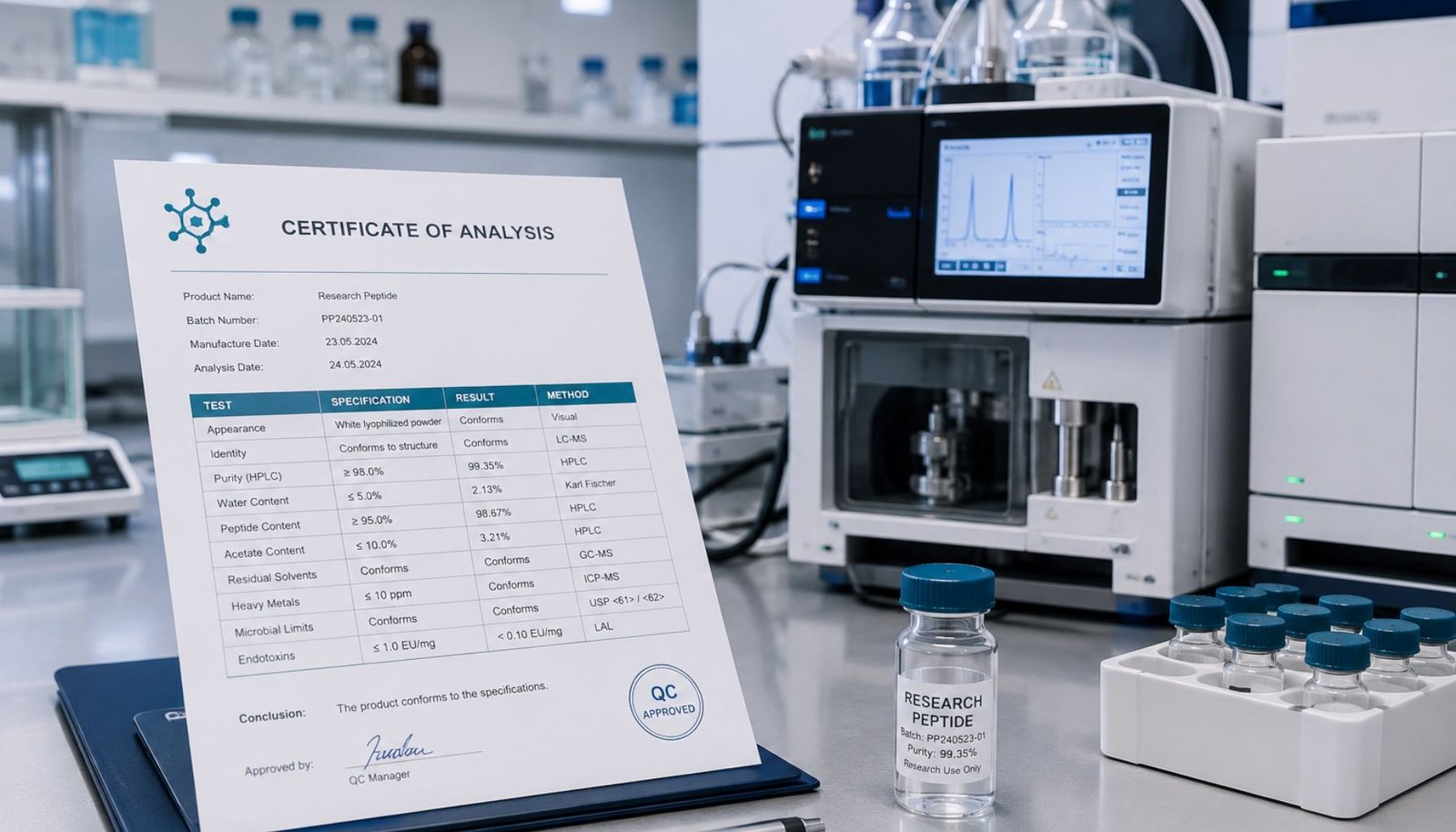 Certificate of Analysis neben Laborgeräten, Artikel über BPC-157 und TB-500
