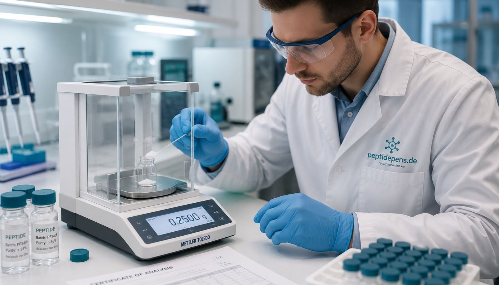 Forscher beim Abwiegen von Peptiden, Artikel über das Arbeiten mit dem Peptid-Pen